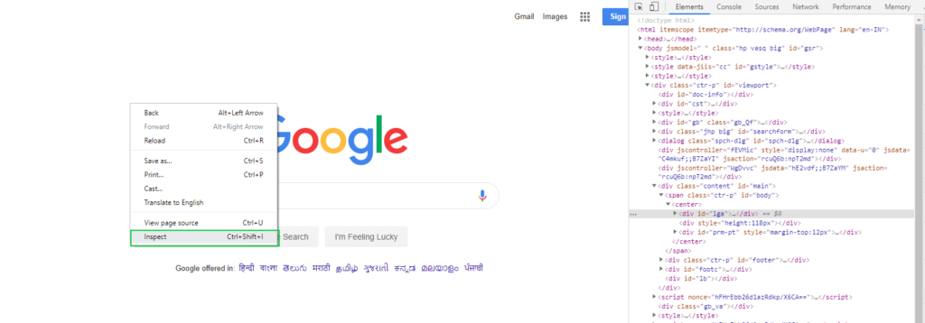 page inspect element example of Google