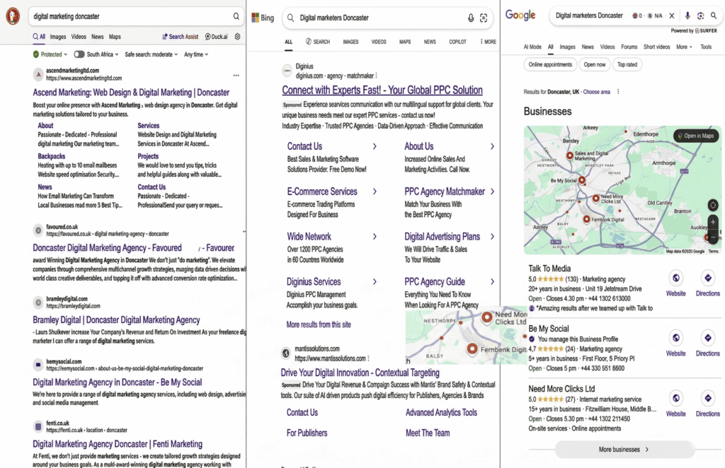 Google vs Bing vs DuckDuckGo search results comparison 2026
