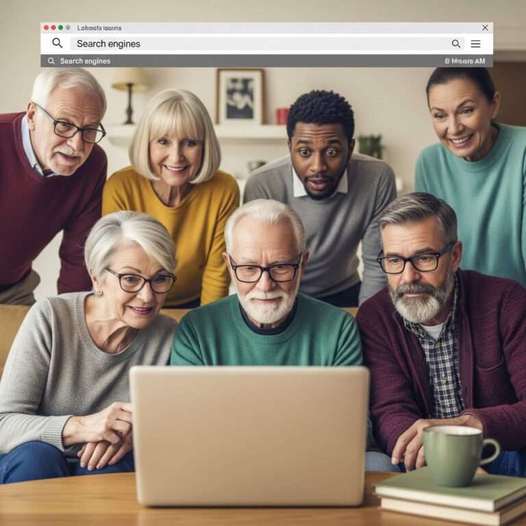 Graphic showing Baby Boomers’ search engine preference for Google and Bing, detailed long queries, desktoplaptop usage, and focus on trustworthy, text-based information