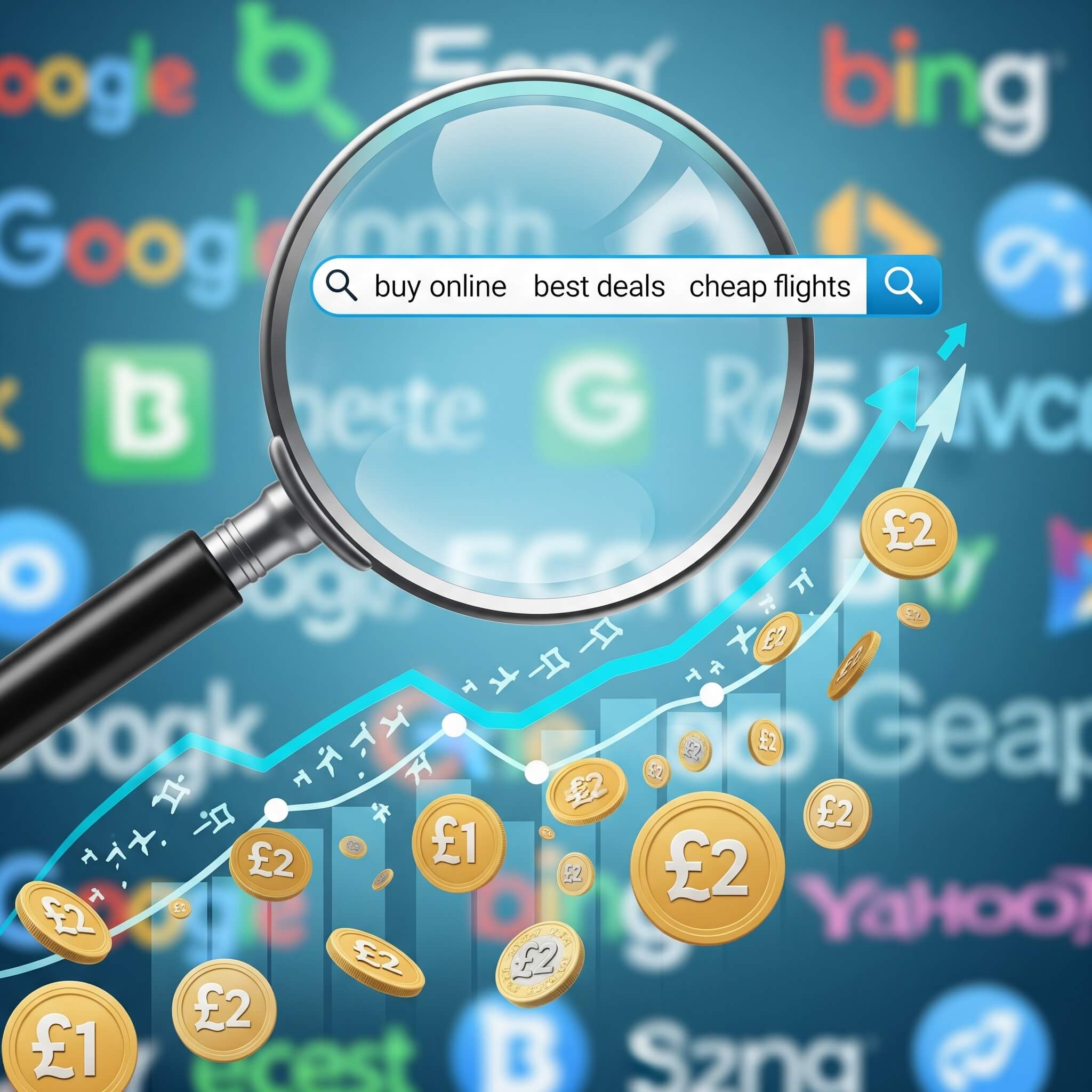 Magnifying glass over a search bar showing paid search terms, with search engine logos and pound coins