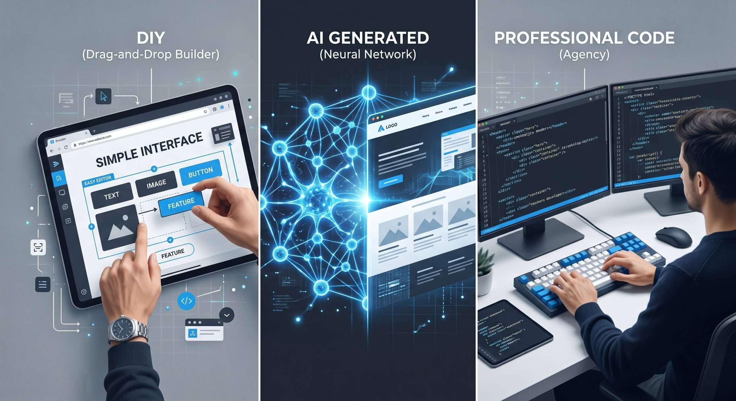 Honest 2026 comparison hire a web developer vs DIY, website builders or AI tools. Clear pros, cons, costs, decision matrix and when an agency is the smarter choice for UK businesses.